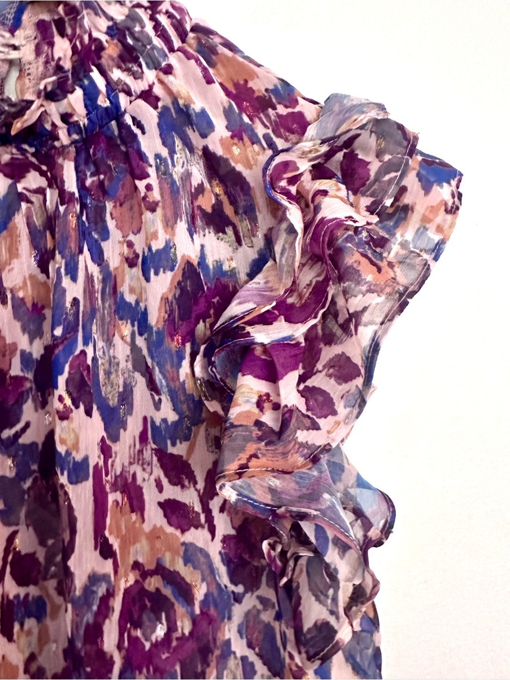 Meet Me in Santorini Ruffled High-Neck Floral Blouse Purple Mix Top Size Small - Picture 2 of 8